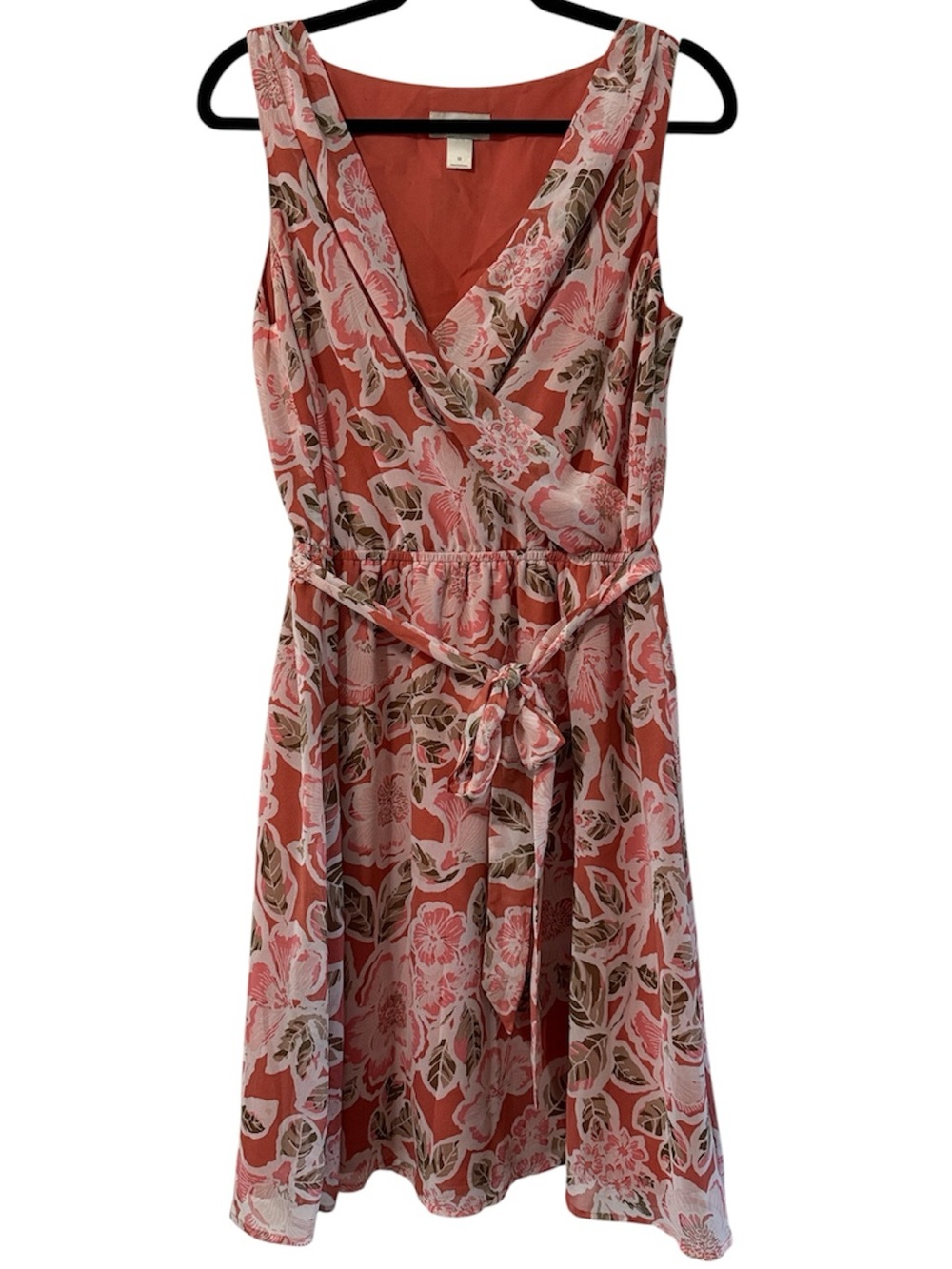 Loft Orange, Pink, and White Floral Belted Sleeveless Dress